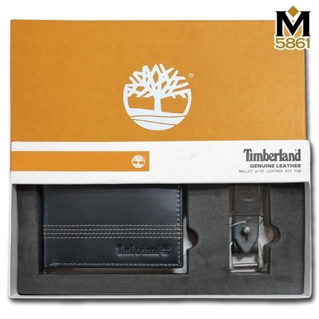 Timberland 男皮夾 短夾 簡式卡夾+鑰匙圈套組 品牌盒裝+原廠提袋 黑色