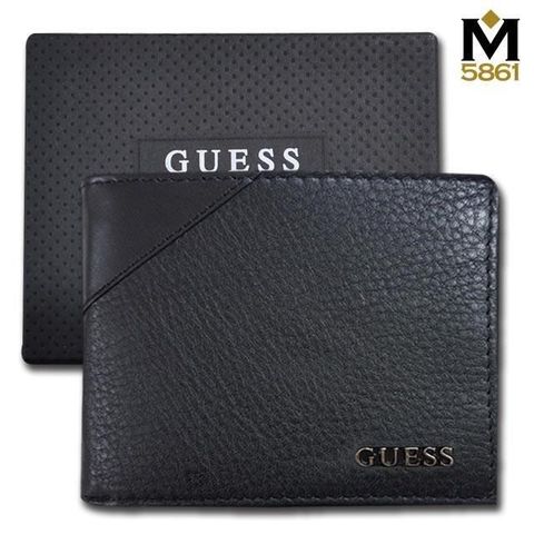 GUESS 男皮夾 短夾 荔紋牛皮夾 斜三角設計 金屬Logo 雙鈔夾 品牌盒裝 黑色