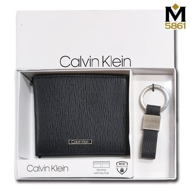 Calvin Klein CK 男皮夾 短夾防刮皮+CK鑰匙圈套組 簡式卡夾 盒裝提袋／深藍