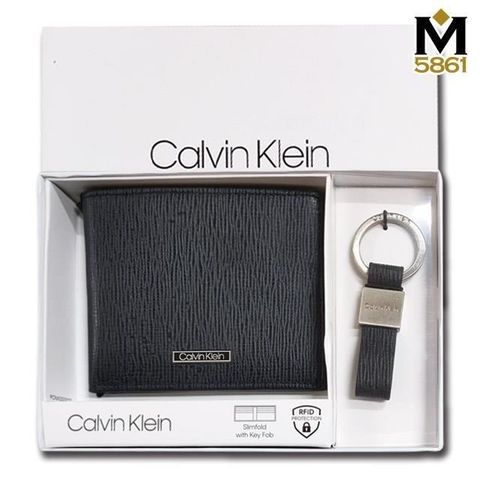 【CK】Calvin Klein 男皮夾 短夾防刮皮+CK鑰匙圈套組 簡式卡夾 盒裝提袋／深藍