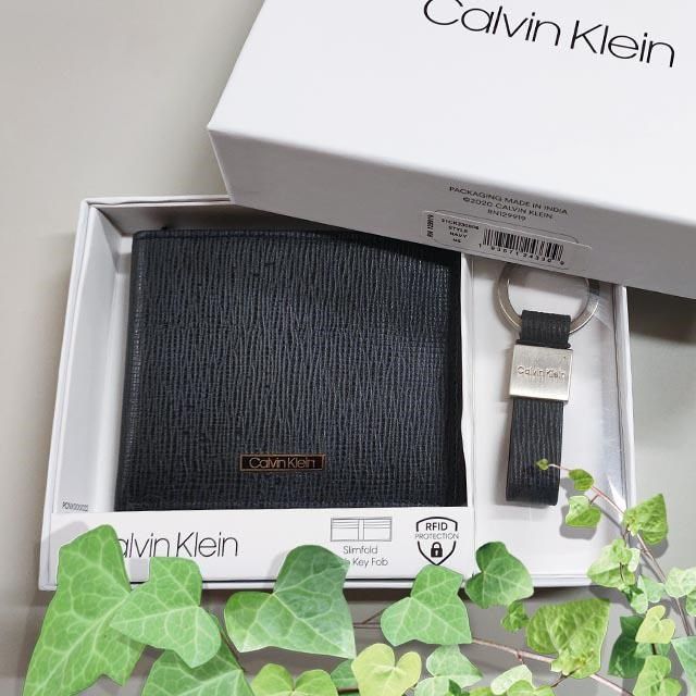 Calvin Klein CK 男皮夾 短夾防刮皮+CK鑰匙圈套組 簡式卡夾 盒裝提袋／深藍
