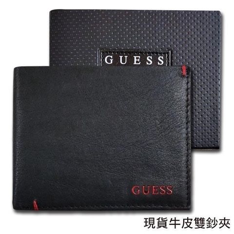 【南紡購物中心】 【Guess】男皮夾 短夾 牛皮夾 紅色GUESS Logo 雙鈔夾 品牌盒裝∕黑色