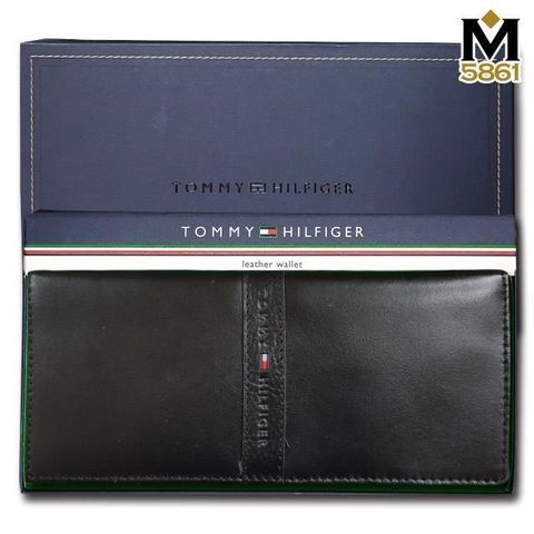 【Tommy】Tommy Hilfiger 男皮夾 長夾 中標設計 多卡夾 三鈔層 品牌盒裝／黑色
