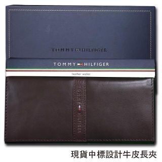 【Tommy】Tommy Hilfiger 男皮夾 長夾 中標設計 多卡夾 三鈔層 品牌盒裝／咖色