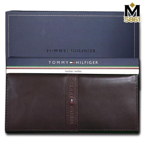 Tommy Hilfiger 【南紡購物中心】 【Tommy】 男皮夾 長夾 牛皮中標設計 多卡夾 三鈔層 品牌盒裝咖色