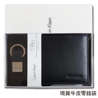 【CK】Calvin Klein 男皮夾 牛皮夾 零錢袋+鑰匙圈套組 品牌盒裝+提袋／新黑零