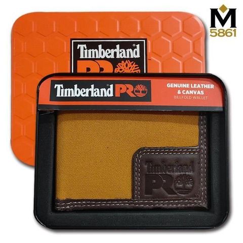 Timberland 【南紡購物中心】 男皮夾 短夾 簡式悠遊卡夾 帆布PRO款 牛皮夾 品牌盒裝黃褐色