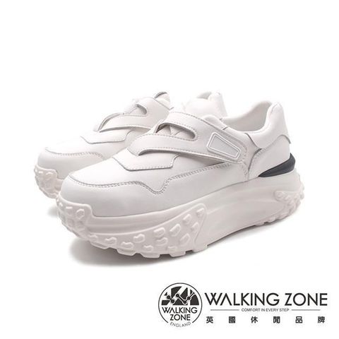 WALKING ZONE 【南紡購物中心】 (女)異材質魔鬼氈增高厚底運動老爹鞋 女鞋-白色