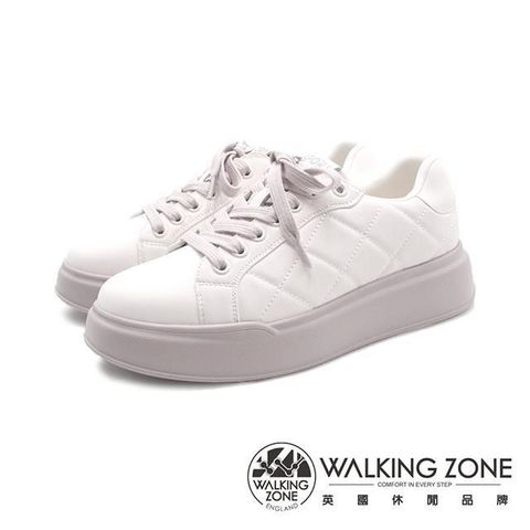 【南紡購物中心】 WALKING ZONE(女)菱格麵包小白鞋休閒鞋 女鞋-米灰色