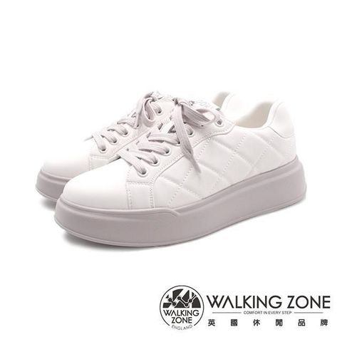 WALKING ZONE 【南紡購物中心】 (女)菱格麵包小白鞋休閒鞋 女鞋-米灰色