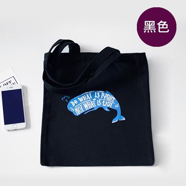 無品牌 帆布包 純棉 藍鯨印花 帆布袋 側背包 肩背包 拉鍊 二色