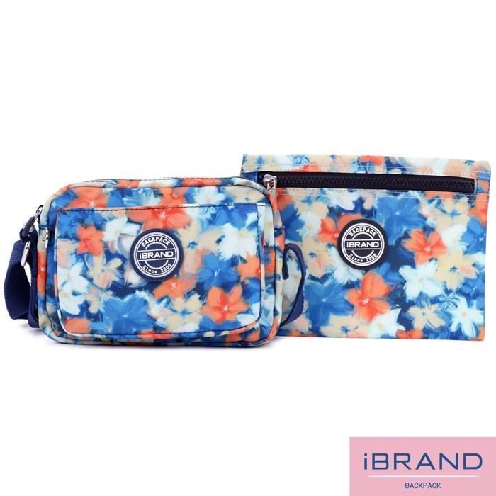 iBrand 【南紡購物中心】 iBrand 輕盈防潑水雙口袋斜側背包 - 漫漫花朵 MIB-5605