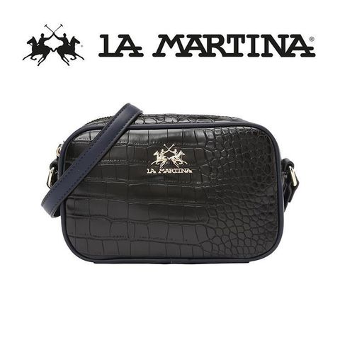 LA MARTINA 【南紡購物中心】 限量2折 頂級金標鱷魚紋皮革肩背包 1027P 全新專櫃展示品(黑色)