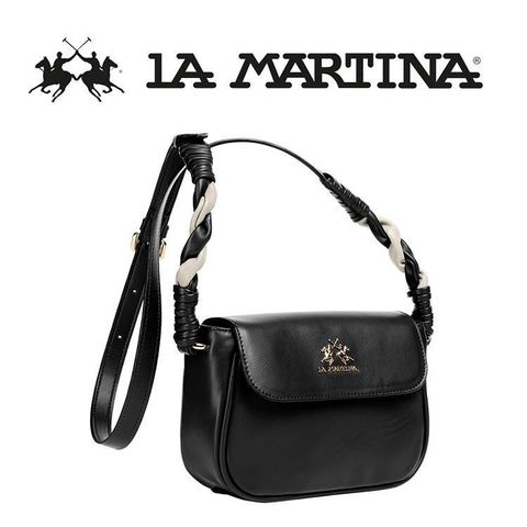 【南紡購物中心】 【LA MARTINA】限量2折 頂級金標素面皮革肩背包 1124T 全新專櫃展示品(黑色)