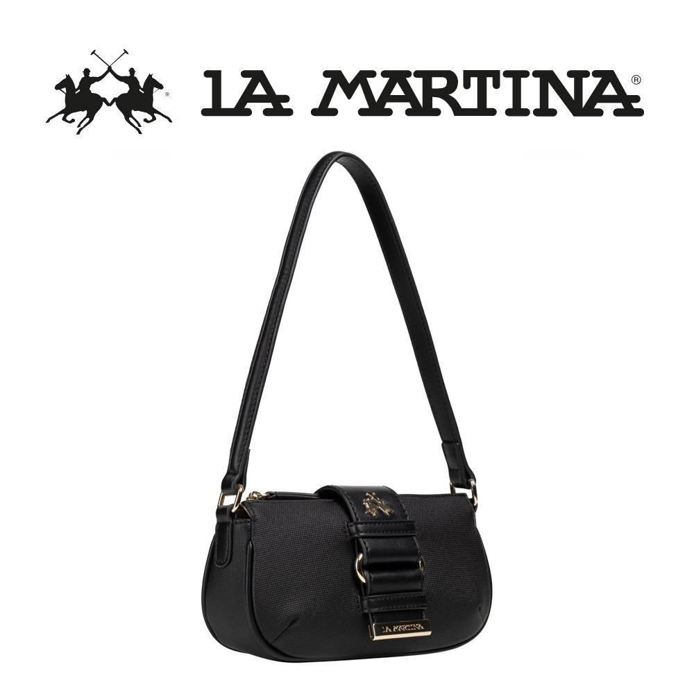  【南紡購物中心】 【LA MARTINA】限量2折 頂級時尚金標皮革肩背包 1300T 全新專櫃展示品(黑色)