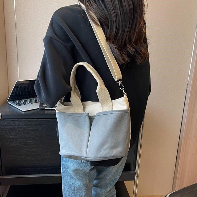 無品牌 帆布包 純棉 撞色雙前袋托特包 側背包 肩背包 斜背包 手提 拉鍊 灰色