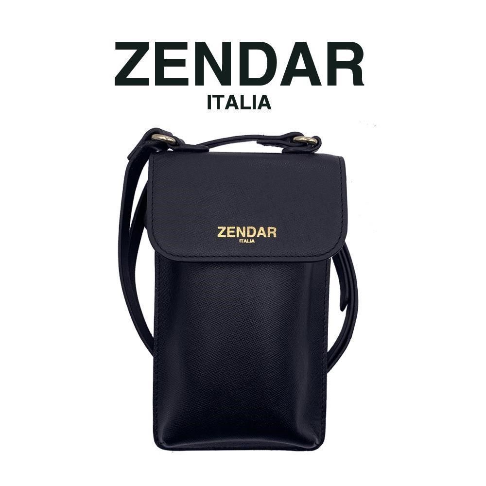  【南紡購物中心】 【ZENDAR】限量3折 頂級小牛皮十字紋手機包 全新專櫃展示品_黑色