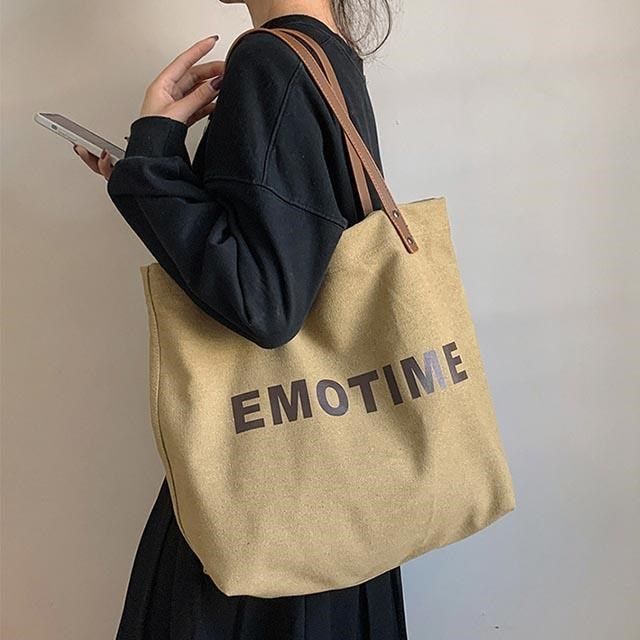 無品牌 帆布包 純棉 帆布袋 EMOTIME 皮革背帶 肩背 暗扣 多色可選