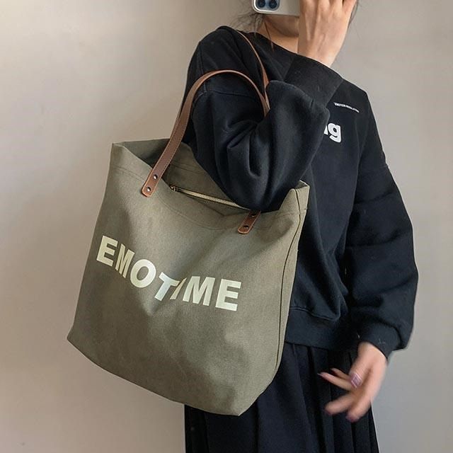 無品牌 帆布包 純棉 帆布袋 EMOTIME 皮革背帶 肩背 暗扣 多色可選