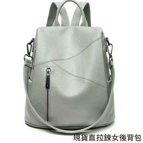 無品牌 女包 後背包 合成羊皮 直拉鍊 多功能防盜 後背肩背手提 灰色