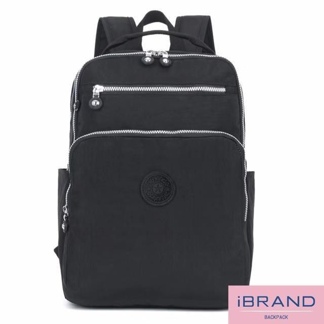 i Brand 【南紡購物中心】 iBrand 輕盈防潑水素色雙拉鍊尼龍後背包(大) -黑色 MDS-8612L