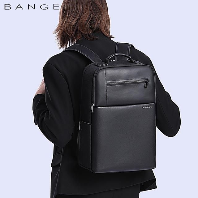 無品牌 BANGE 男包 後背包 電腦包 皮革拼接高彈超纖 後背手提兩用包 黑色