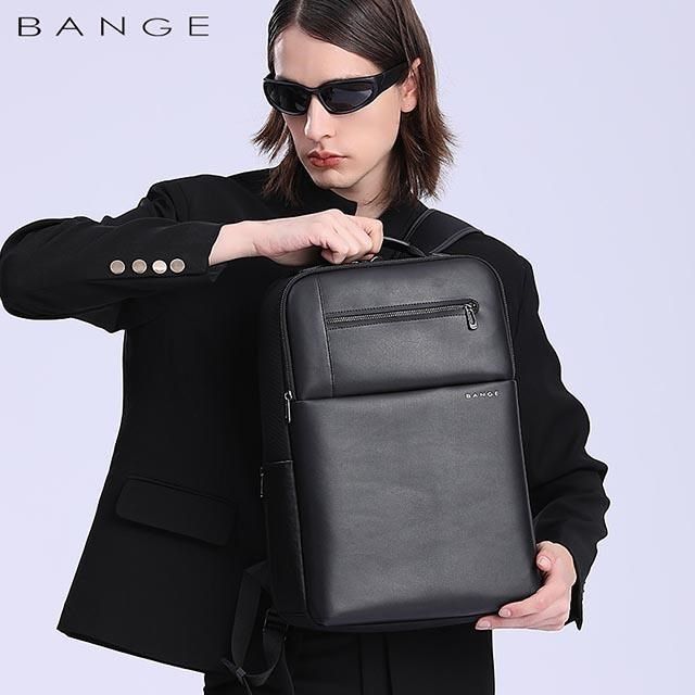 無品牌 BANGE 男包 後背包 電腦包 皮革拼接高彈超纖 後背手提兩用包 黑色