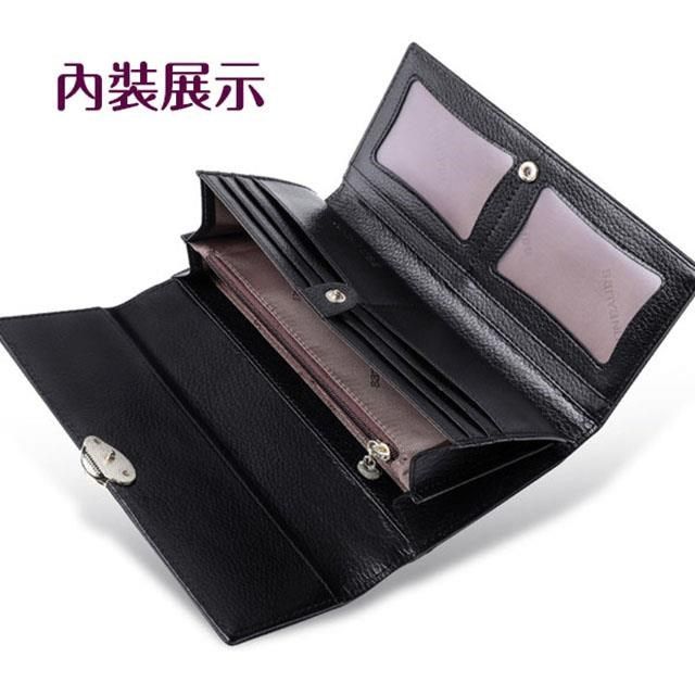 無品牌 女夾 女皮夾 長夾 荔皮上蓋樹葉釦設計 牛皮夾+拉鍊零錢袋 多色可選