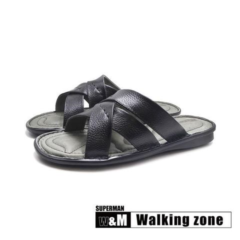 WALKING ZONE 【南紡購物中心】 (男)SUPERMAN系列 真皮交叉帶舒適拖鞋 男鞋-黑色