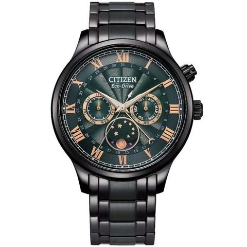 【南紡購物中心】 CITIZEN星辰 GENTS 經典月相盈虧光動能黑鋼帶男錶 42mm－綠 (AP1055-87X)