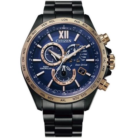 【南紡購物中心】 【CITIZEN 星辰】GENTS限量電波電力顯示三眼錶-藍金42mm(CB5837-88L)