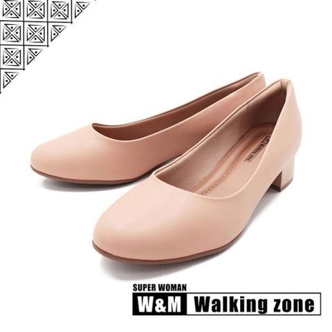WALKING ZONE 【南紡購物中心】 SUPERWOMAN系列圓頭素面低跟上班鞋女鞋-卡其(另有黑.藍)