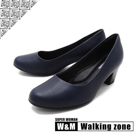 WALKING ZONE 【南紡購物中心】 SUPERWOMAN系列圓頭素面中跟淑女鞋上班鞋女鞋-藍(另有黑.卡其)