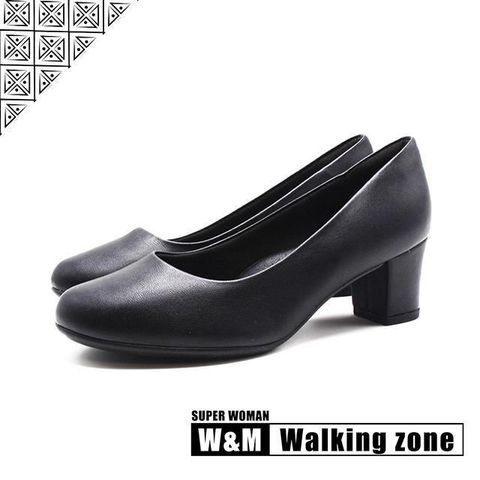 Piccadilly 【南紡購物中心】 WALKING ZONE SUPER WOMAN系列 圓頭素面女仕中跟鞋 女鞋-黑