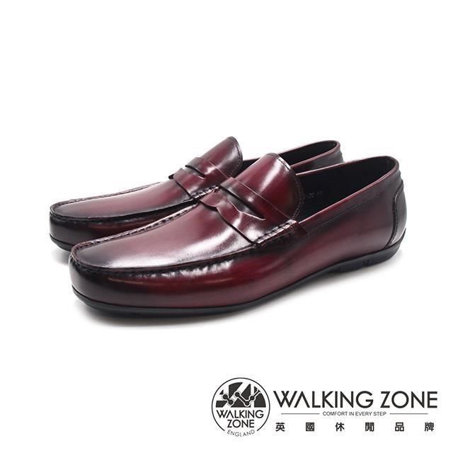 WALKING ZONE 【南紡購物中心】 (男)圓頭軟彈力舒適樂福皮鞋 男鞋-酒紅色
