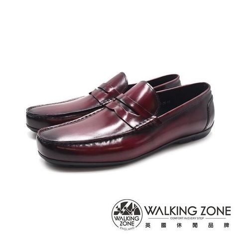 WALKING ZONE(男)圓頭軟彈力舒適樂福皮鞋 男鞋-酒紅色