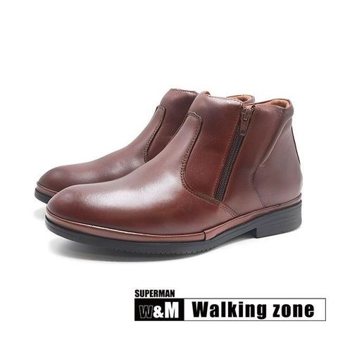 WALKING ZONE(男)SUPERMAN系列 大寬口拉鍊皮革短靴 男鞋-咖啡色
