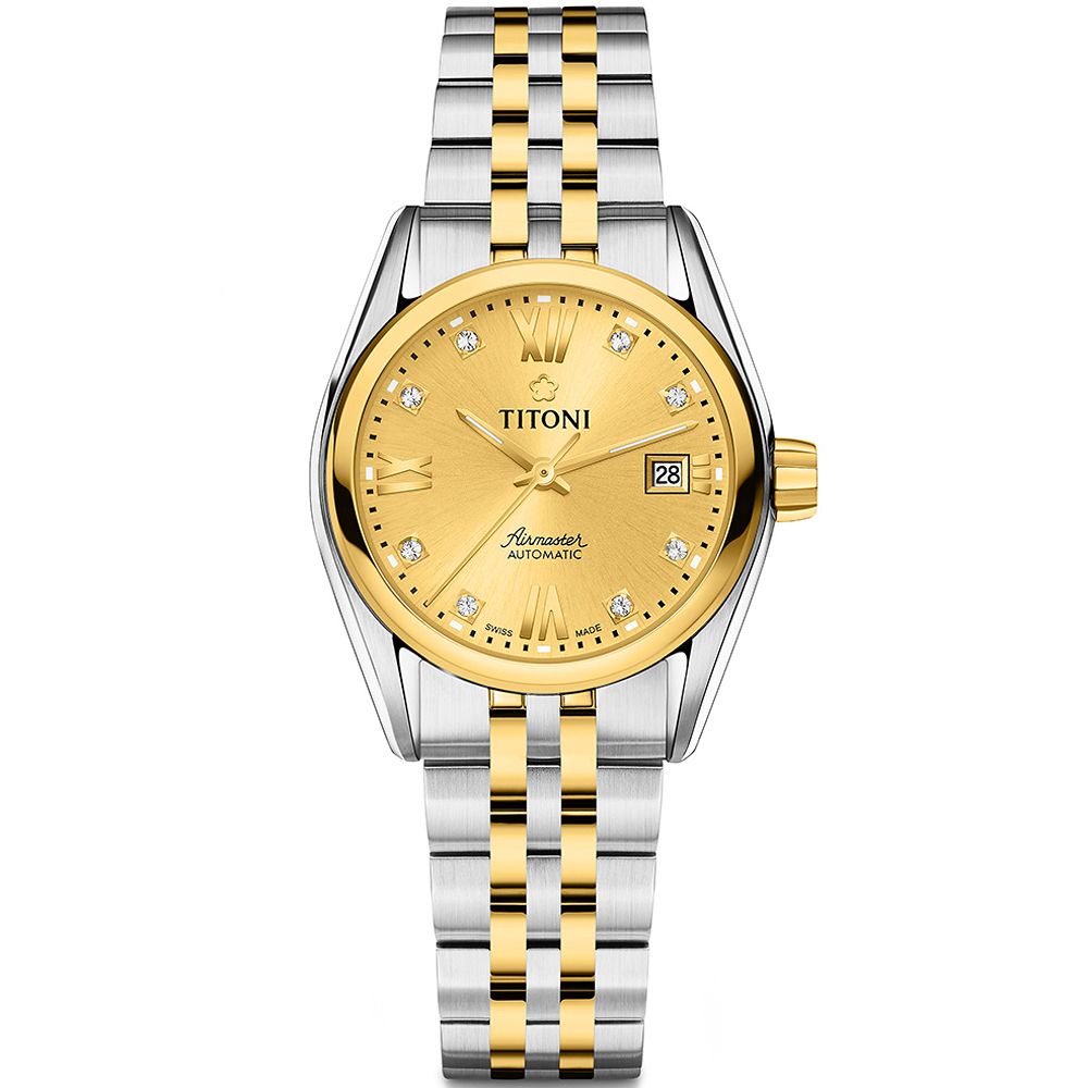 TITONI 梅花錶   空中霸王系列 簡約機械女錶-銀x金/27mm 23909 SY-064