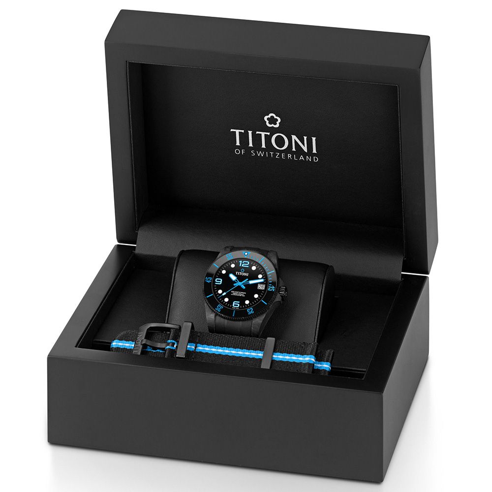 TITONI 梅花錶   海洋探索600米鍛造碳潛水機械錶-渦輪藍 83600 C-BL-256
