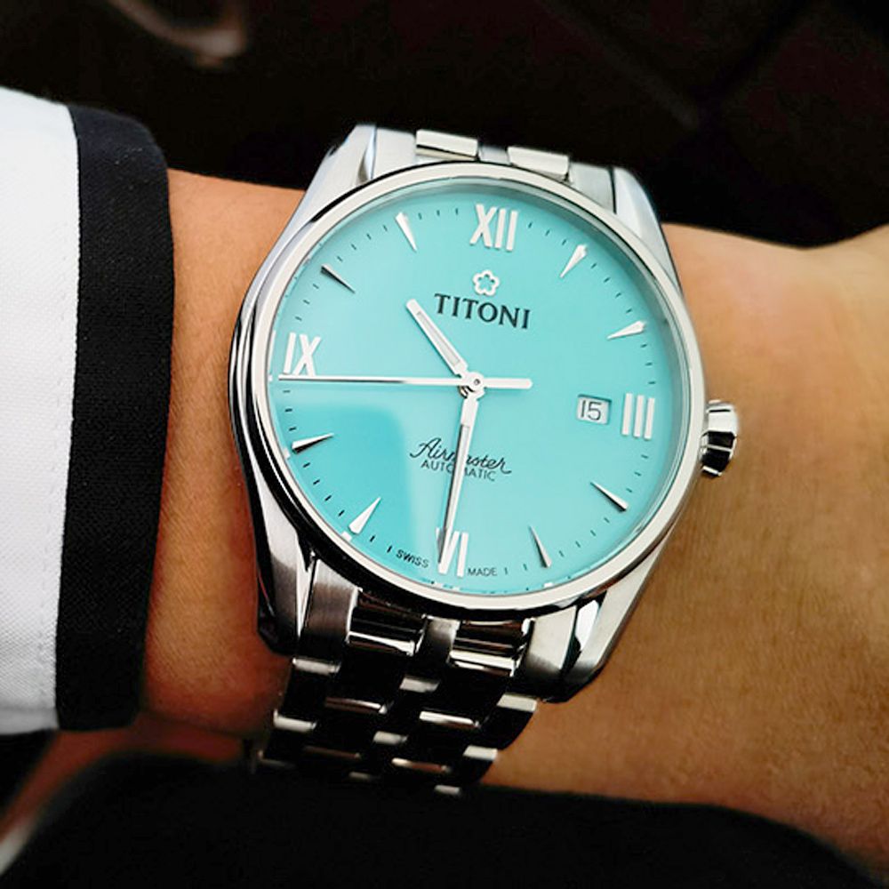 TITONI 梅花錶 空中霸王系列 AIRMASTER 機械情侶手錶 對錶-藍 83908 S-691+23908 S-691