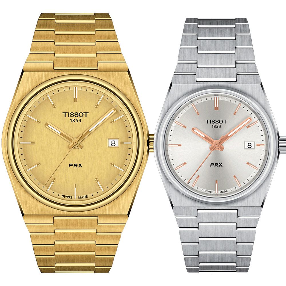 TISSOT 天梭   官方授權 PRX系列 70年代復刻石英對錶 情侶手錶-金銀 T137.410.33.021.00+T137.210.11.031.00