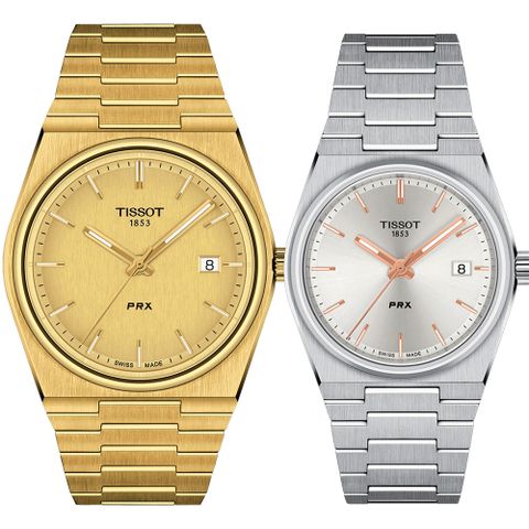 TISSOT 天梭 官方授權 PRX系列 70年代復刻石英對錶 情侶手錶-金銀 T137.410.33.021.00+T137.210.11.031.00