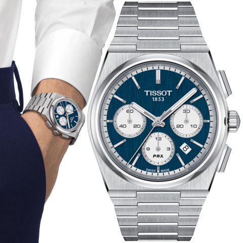 TISSOT 天梭 PRX系列 復古計時機械腕錶-藍熊貓 禮物 推薦 T1374271104100