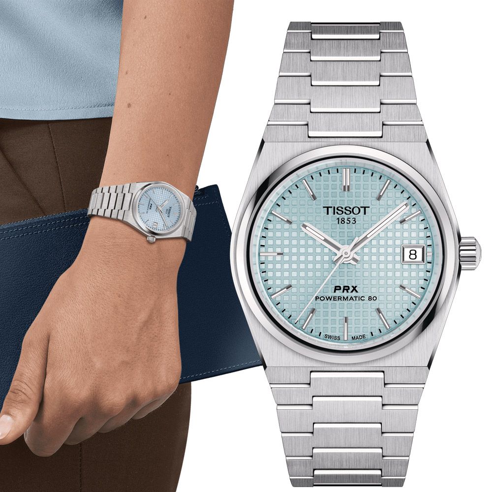 TISSOT 天梭   官方授權 PRX系列 80小時動力機械腕錶-T1372071135100/冰藍35mm