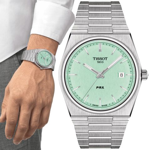 TISSOT 天梭 PRX 簡約復古石英腕錶-薄荷綠 禮物 推薦 T1374101109101