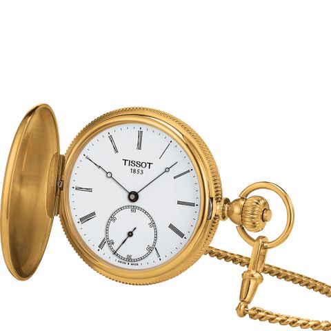 TISSOT 天梭 小秒針手上鍊懷錶(附鍊)-金x白/48.5mm T8674053901300