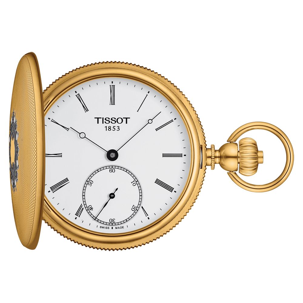 TISSOT 天梭 官方授權 小秒針手上鍊懷錶(附鍊)-金x白/48.5mm T8674053901300