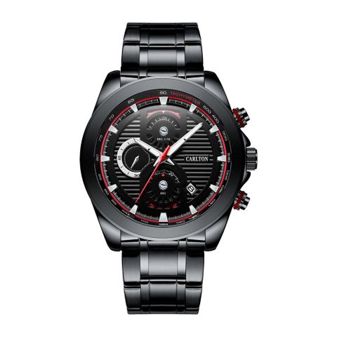 【CARLTON卡爾頓】黑色線條感側三眼石英腕錶 CA0084-2