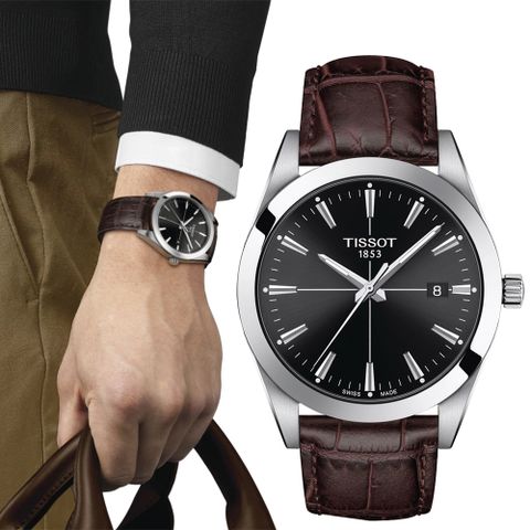 TISSOT 天梭 官方授權 GENTLEMAN紳士腕錶/黑X咖啡/40mm/T1274101605101