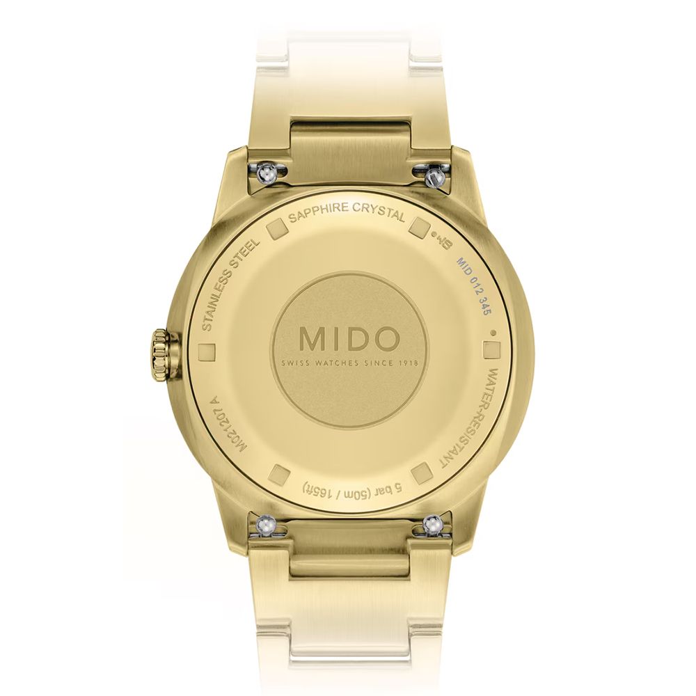 MID 012 34  WATER-RESISTANTSAPPHIRE CRYSTALMIDO WATCHES SINCE 19185 bar (50m / 165ft)STAINLESS STEELM021207 A